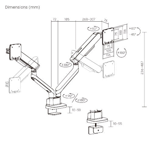 Brateck 17"-35" Elite Dual Screen Mechanical Spring Monitor Arm. Max Load 2x 11Kgs, White