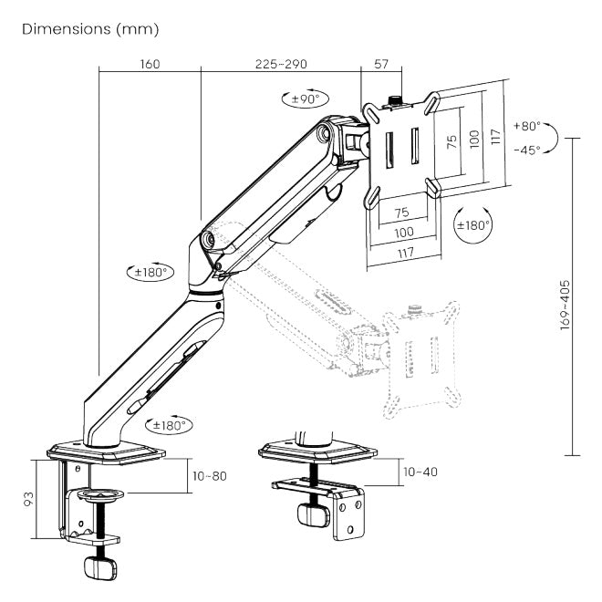 Brateck 13"-32" Single Monitor Desk Mechanical Spring Mount Bracket. Desk Clamp & Grommet