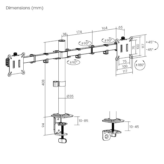 Brateck 13"-32" Dual Monitor Desk Articulating Mount Bracket Desk Clamp & Grommet Included