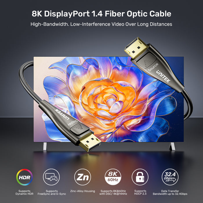 Unitek 15M Ultrapro DisplayPort Active Optical Cable. Up to 8K@60Hz & 4K@120Hz.