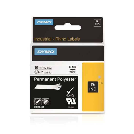 DYMO Genuine Rhino Industrial Labels -Permanent Polyester 19mm, Black on White.F