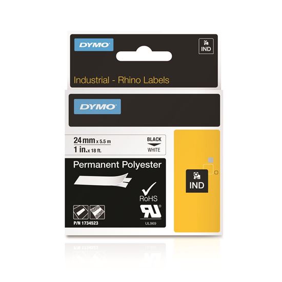 DYMO Genuine Rhino Industrial Label -Permanent Polyester 24mm Black on White. Fo
