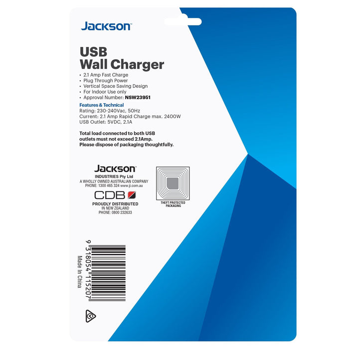 JACKSON Single Plug USB Wall Charger, 2x USB Charging Outlets (2.1A total) Power