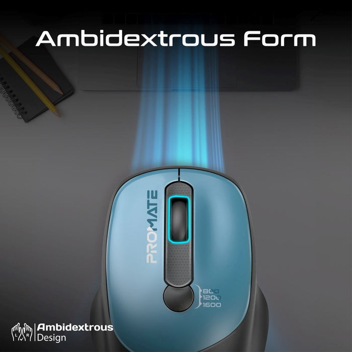PROMATE EZGrip Ambidextrous Ergonomic Wireless Mouse. 800/1200/1600Dpi, Easy Plu