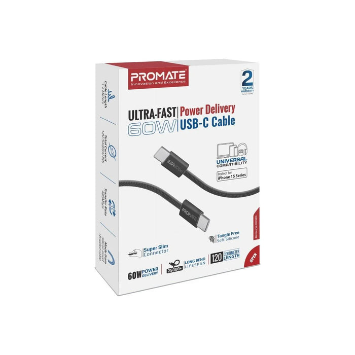 PROMATE 1.2m USB-C to USB-C Cable with Fabric Braided Cable. Supports 60W PD. 25 - LX2001 - Homewares, Outdoor, Phone Accessories, Cases, Speakers, Headphones + More -