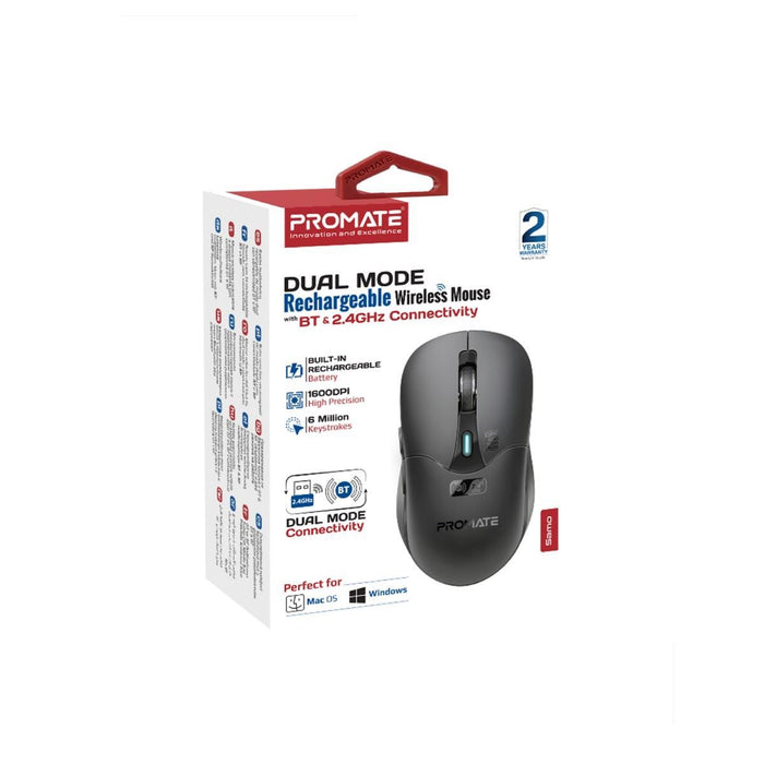 PROMATE Rechargeable Wireless Mouse with BT & RF Connectivity. 800/1200/1600Dpi.