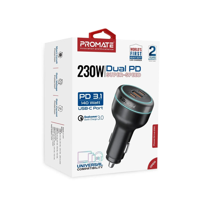 PROMATE 230W RapidCharge Car Charger with Dual PD & QC Ports. 140W & 45W PD for - LX2001 - Homewares, Outdoor, Phone Accessories, Cases, Speakers, Headphones + More -