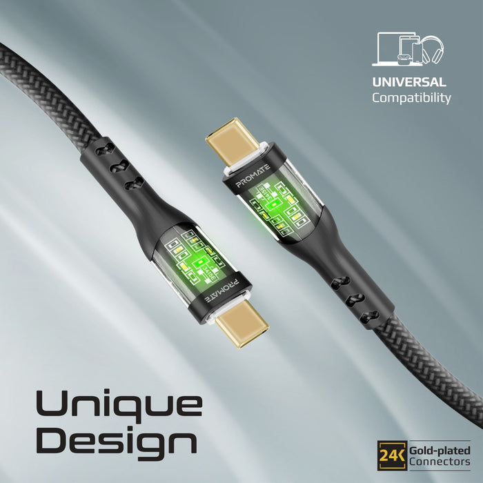PROMATE 2m USB-C to USB-C Cable with Transparent Connectors & LED''s Supports 60