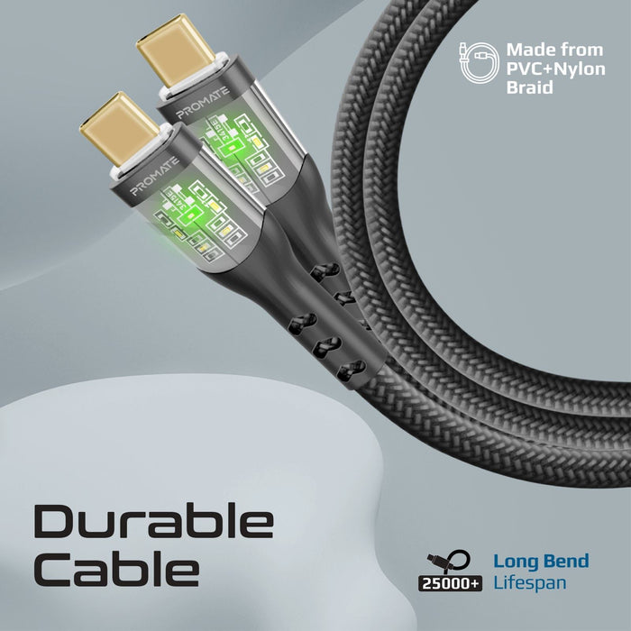 PROMATE 2m USB-C to USB-C Cable with Transparent Connectors & LED''s Supports 60