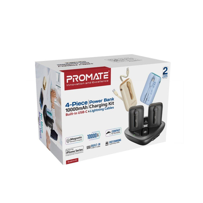 PROMATE 4-Piece 10000mAh Power Bank Charging Kit with Built-in USB-C & Lightning