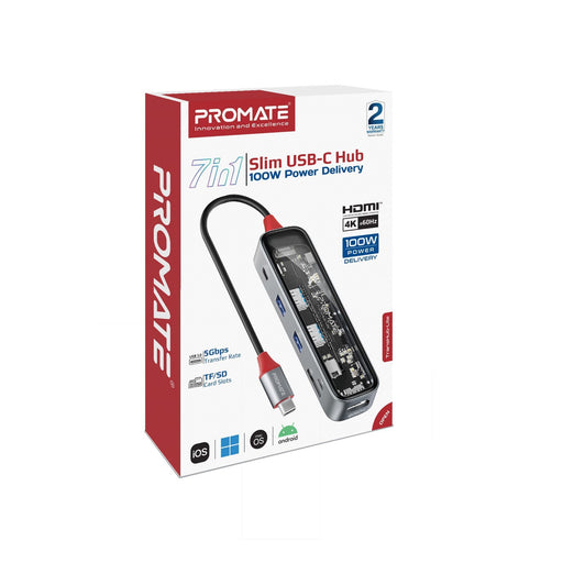 PROMATE 7-in-1 USB Multi-Port Hub with USB-C Connector with 4K HDMI Port; Dual U