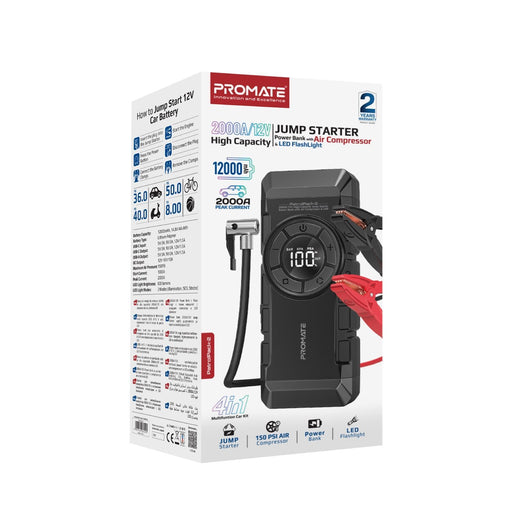 PROMATE 4in1 2000A/12V Heavy Duty Car Jump Starter & Air Compressor 12000mAh Pow