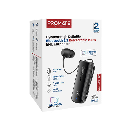 PROMATE Mono Bluetooth Earphone with Dynamic HD Sound & Built-in Mic Retractable