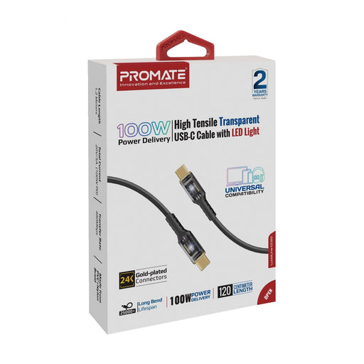 PROMATE 1.2m USB-C to USB-C Ultra-Fast 100W PD Cable with Transparent Connectors