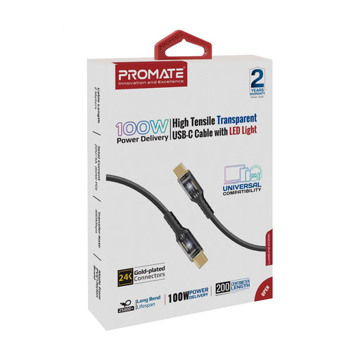 PROMATE 2m USB-C to USB-C Ultra-Fast 100W PD Cable with Transparent Connectors.