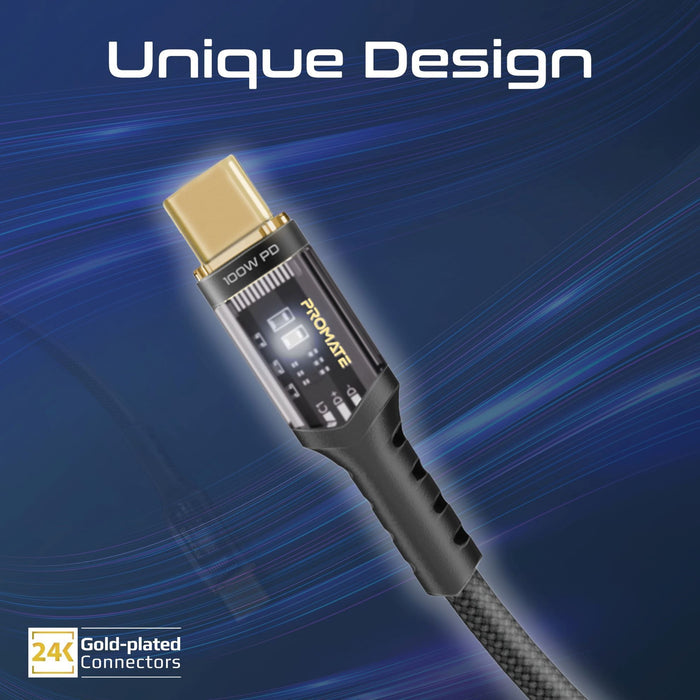 PROMATE 2m USB-C to USB-C Ultra-Fast 100W PD Cable with Transparent Connectors.