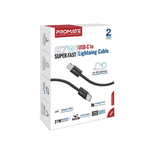 PROMATE 1.2m 27W PD USB-C to Lightning Connector Cable. Fabric Braided Cable, 25