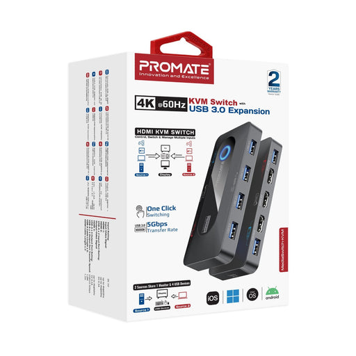 PROMATE KVM Switch with 4x USB-A 3.0 5Gbps Outputs & 4x HDMI UHD 4K@60Hz Ports.
