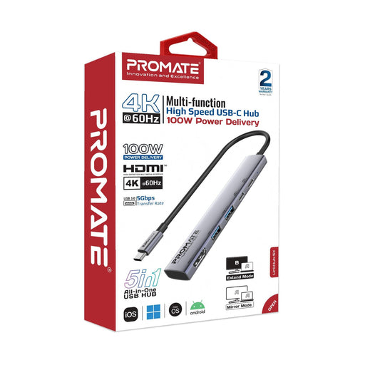 PROMATE 5-in-1 Multi-Port 100W PD Compact Hub with USB-C Connector. Includes 2x