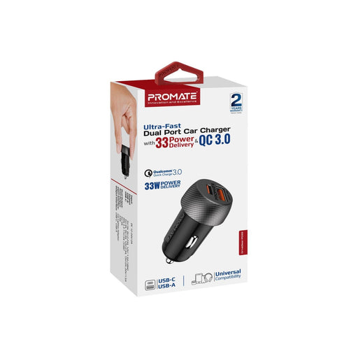 PROMATE 33W Ultra-Fast Dual Port Compact In-Car Phone Charger. 1x 18W QC 3.0 USB