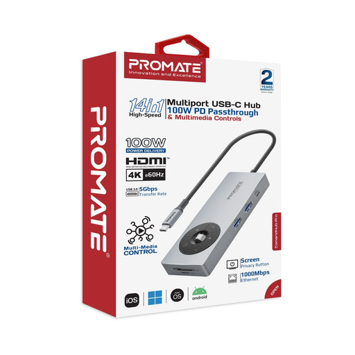 PROMATE 14-in-1 USB Multi-port Hub with USB-C Connector. Includes 1x HDMI Port;