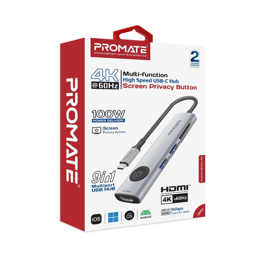 PROMATE 7-in-1 USB Multi-port Hub with USB-C Connector. Includes 1x HDMI Port; 2
