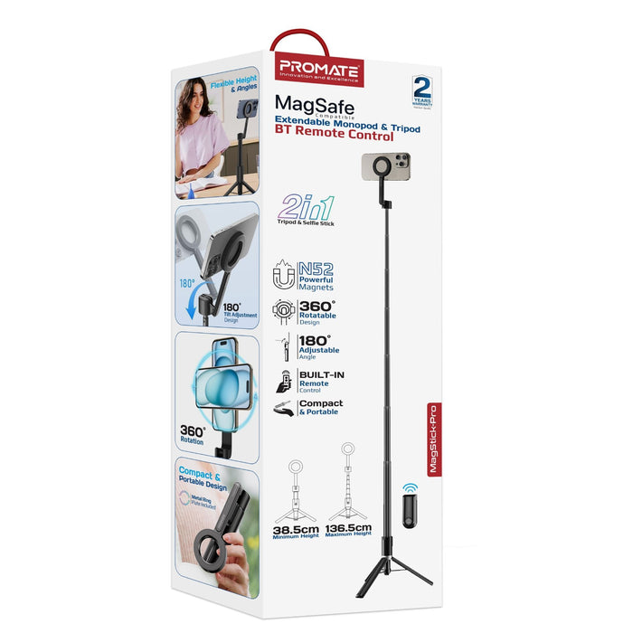 PROMATE MagSafe Extendable Monopod & Tripod Stand with Remote Control. Max Heigh