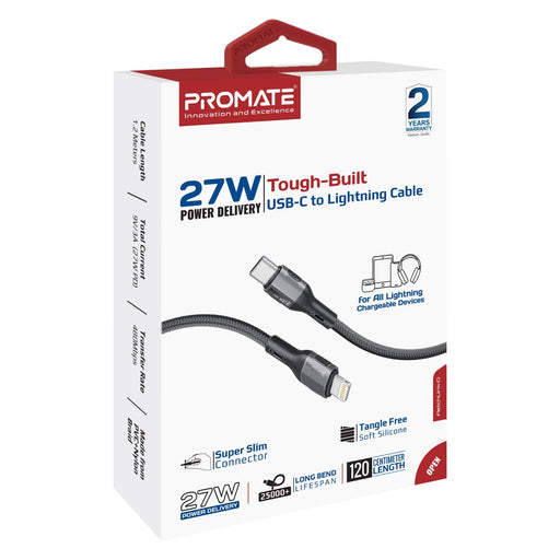 PROMATE 1.2m 27W PD USB-C to Lightning Tough-Built Cable. Supports up to 480Mbps