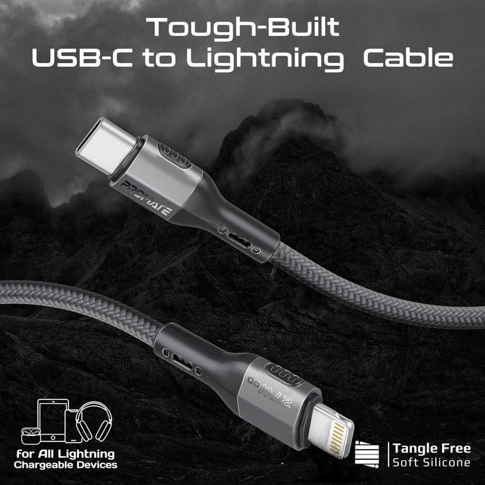 PROMATE 1.2m 27W PD USB-C to Lightning Tough-Built Cable. Supports up to 480Mbps