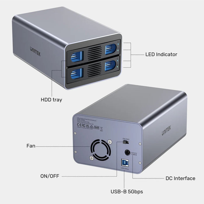 UNITEK 2-Bay External Hard Drive Enclosure. Supports both 2.5" & 3.5" SATA HDD;