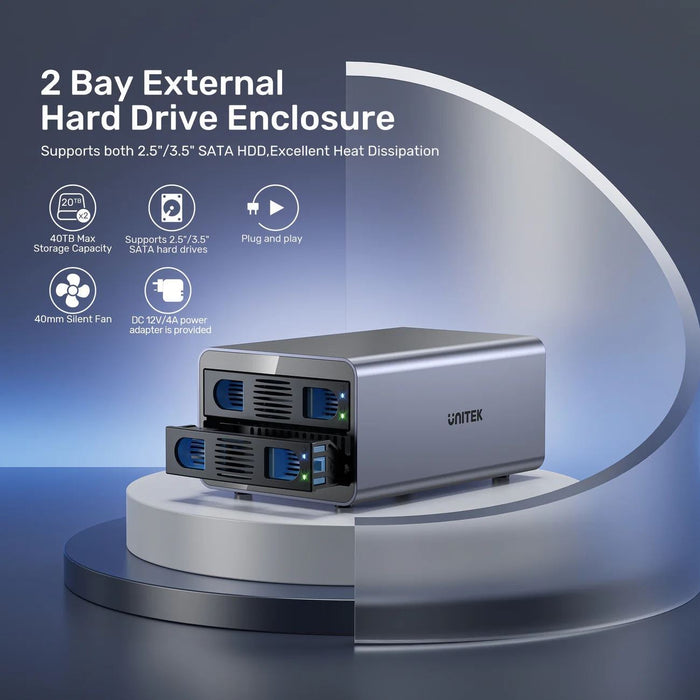 UNITEK 2-Bay External Hard Drive Enclosure. Supports both 2.5" & 3.5" SATA HDD;
