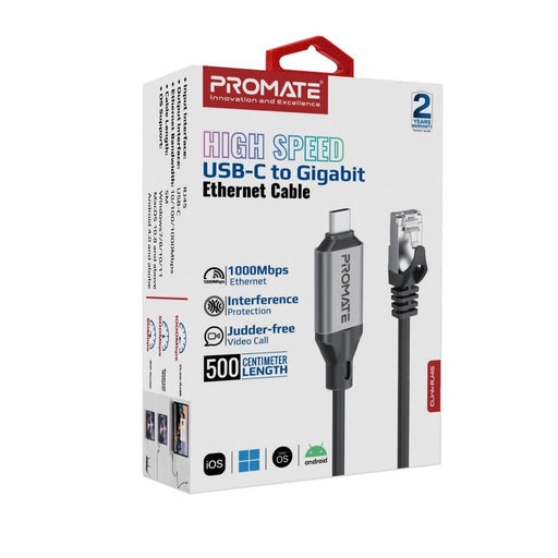 PROMATE 5m USB-C to RJ45 High-Speed 1Gbps Ethernet Cable. Premium Aluminium Allo