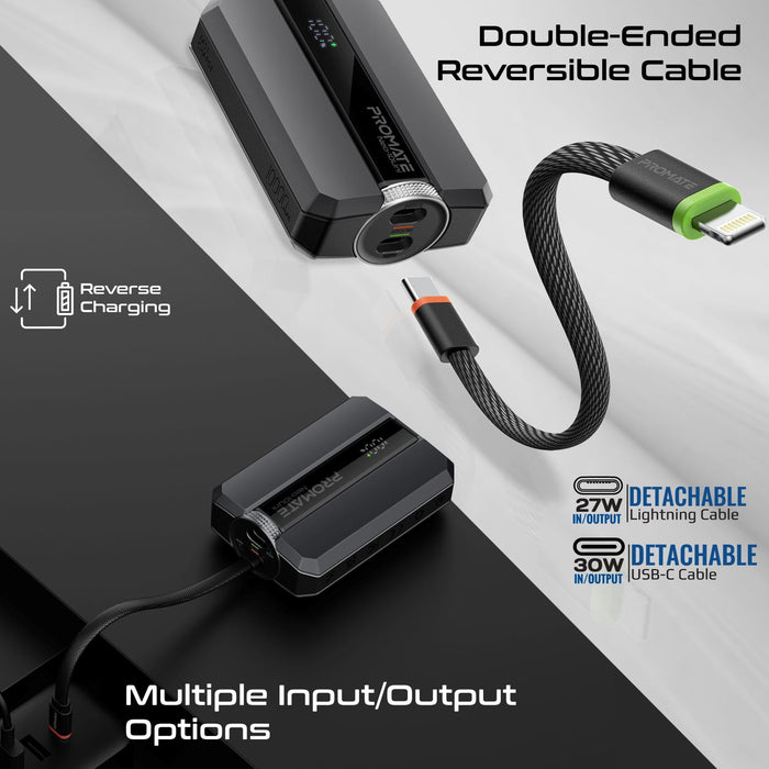 PROMATE 10000mAh 30W PD Ultra-Fast Power Bank with USB-C & Lightning Ports. Smar