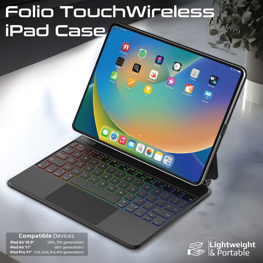 PROMATE Folio Touch Wireless iPad Keyboard Case with RGB Backlight & Smart Conne