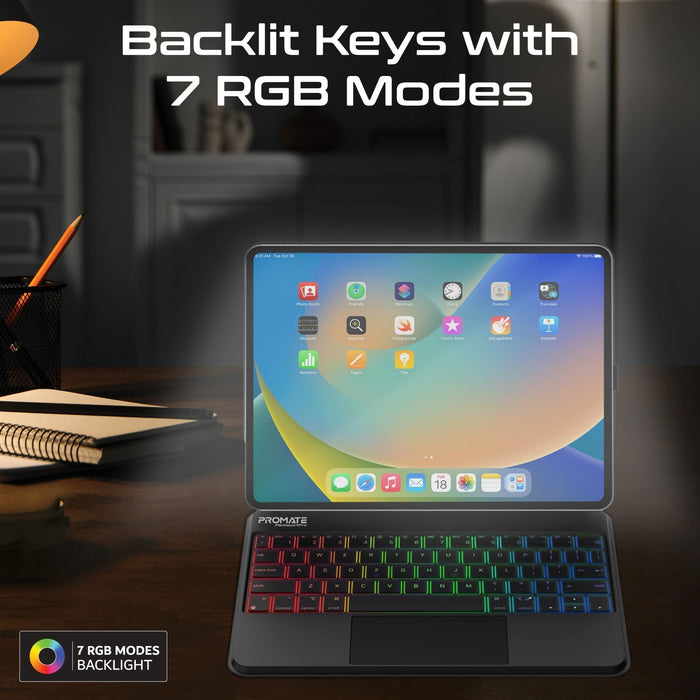 PROMATE Folio Touch Wireless iPad Keyboard Case with RGB Backlight & Smart Conne