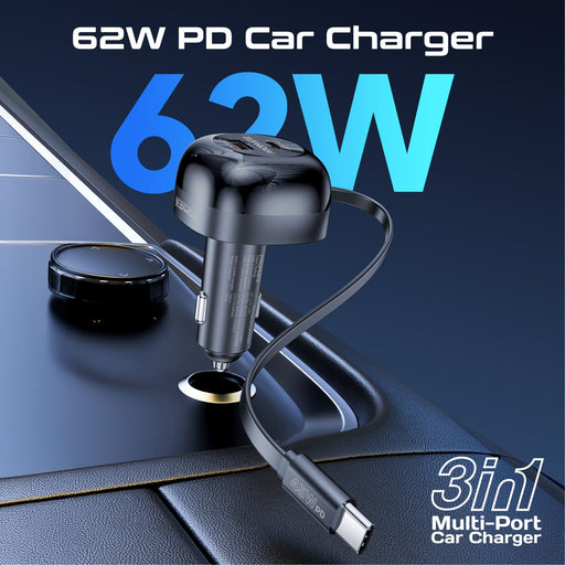 PROMATE 62W PD In-Car Phone Charger with Retractable 80cm USB-C Cable. 45W PD US