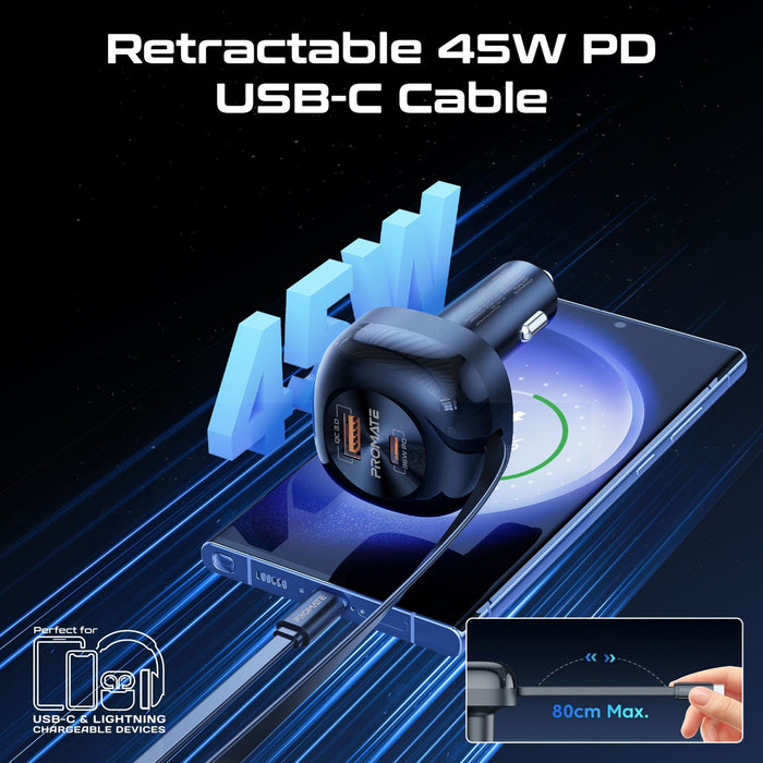 PROMATE 62W PD In-Car Phone Charger with Retractable 80cm USB-C Cable. 45W PD US