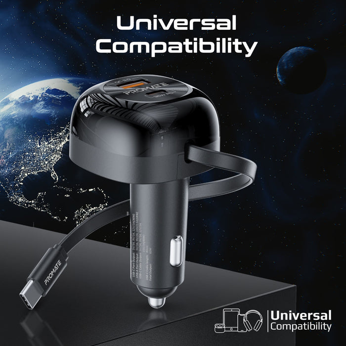 PROMATE 62W PD In-Car Phone Charger with Retractable 80cm USB-C Cable. 45W PD US