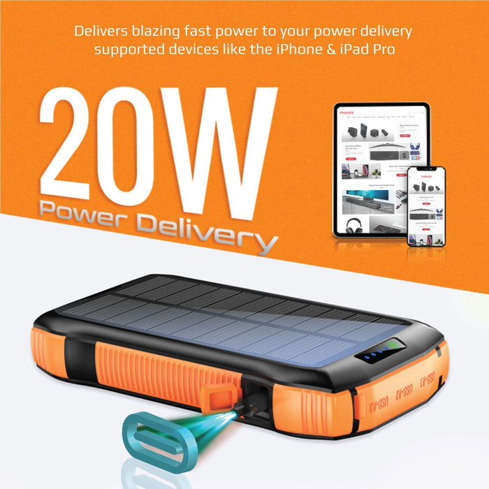 PROMATE 20000mAh Rugged EcoLight Solar IP65 Power Bank with 10W Wireless Qi Char