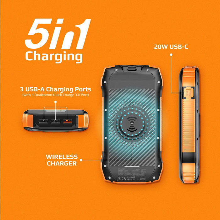PROMATE 20000mAh Rugged EcoLight Solar IP65 Power Bank with 10W Wireless Qi Char