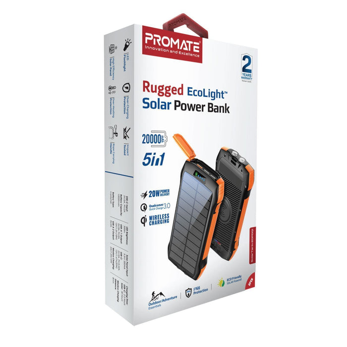 PROMATE 20000mAh Rugged EcoLight Solar IP65 Power Bank with 10W Wireless Qi Char