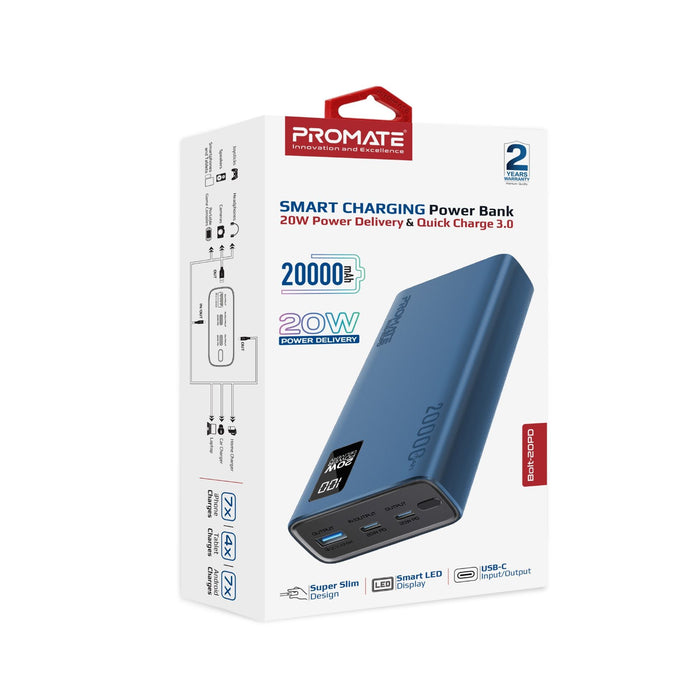 PROMATE 20000mAh Super Slim Smart Charging Power Bank with 20W Dual USB-C & 1x 2