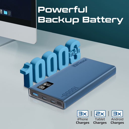 PROMATE 10000mAh Super Slim Smart Charging Power Bank with 20W Dual USB-C & 1x 2