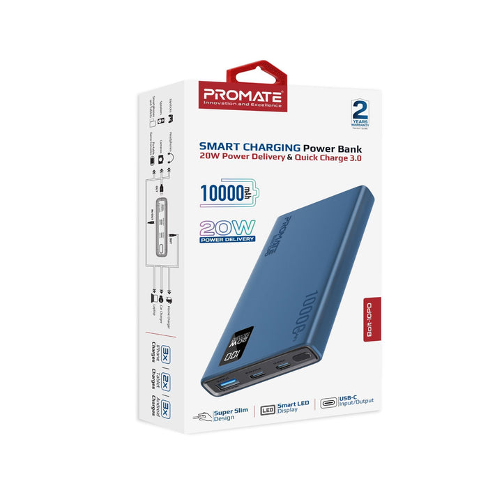 PROMATE 10000mAh Super Slim Smart Charging Power Bank with 20W Dual USB-C & 1x 2