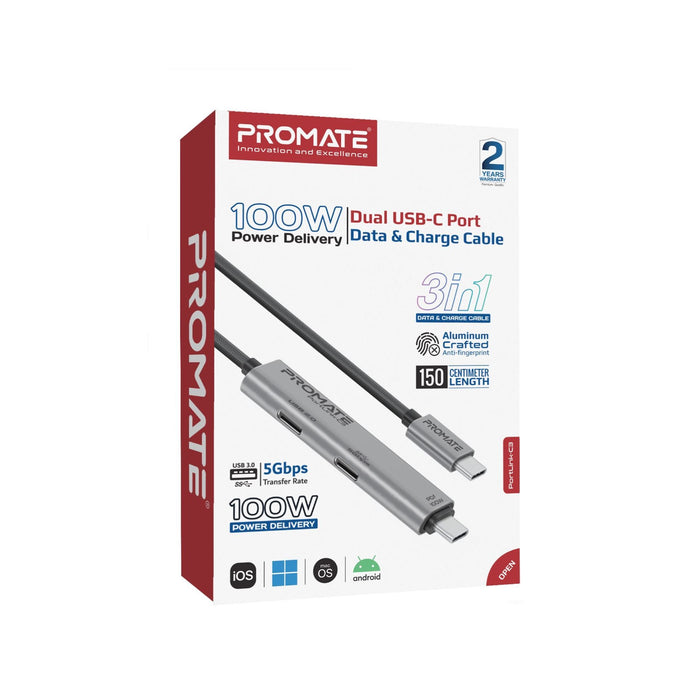 PROMATE 1.5m 100W USB-C to USB-C Dual USB-C Port Data & Charge Cable. Supports u