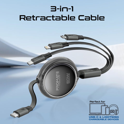 PROMATE 1.1m 3in1 Ultra-Fast USB-C Retractable Multi-Connector Cable. Supports 6