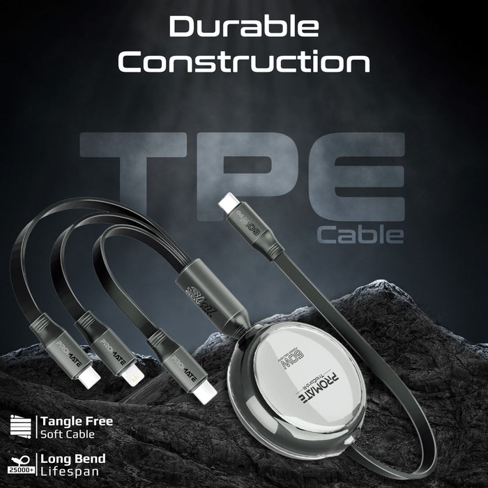 PROMATE 1.1m 3in1 Ultra-Fast USB-C Retractable Multi-Connector Cable. Supports 6