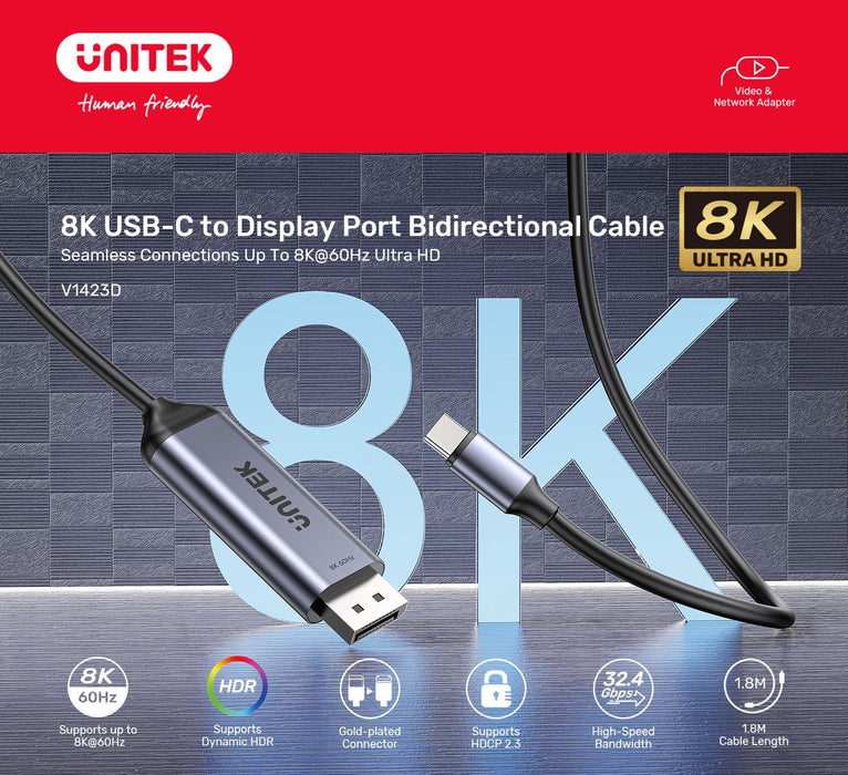 UNITEK 1.8m 8K USB-C DisplayPort 1.4 Cable in Aluminium Housing. Supports Res up