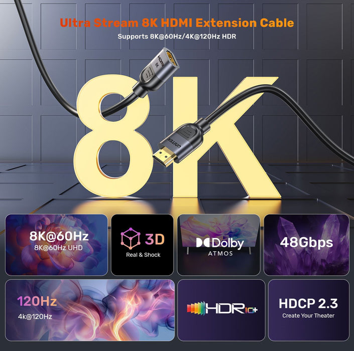 Unitek 1.5m 8K HDMI Extension Cable Supports 8K@60Hz/4K@120Hz HDR Built to Last Gold-plated