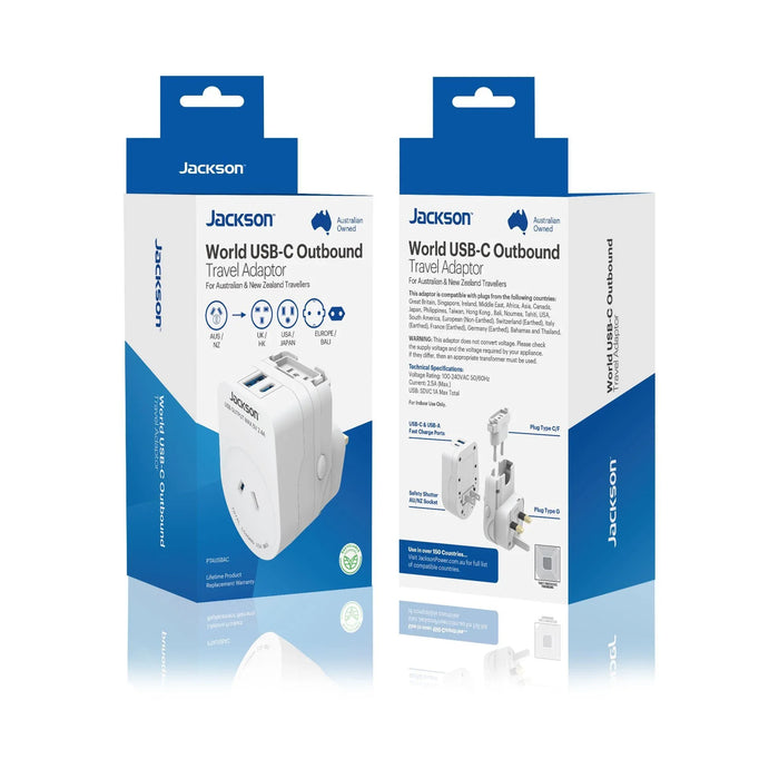 JACKSON Outbound Travel Adaptor with USB-A/C. Converts 2-Pin NZ/AUS Plugs for Us - LX2001 - Homewares, Outdoor, Phone Accessories, Cases, Speakers, Headphones + More -